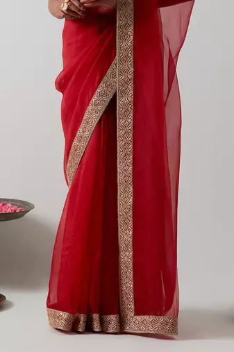 Red embroidered chanderi saree