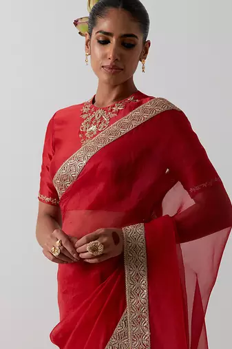 Red embroidered chanderi saree