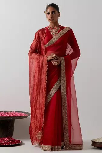 Red embroidered chanderi saree
