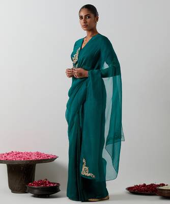Green plain chanderi saree 2
