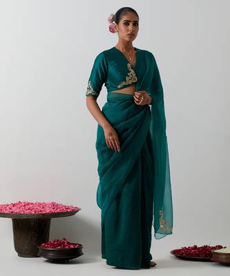 Green plain chanderi saree 1