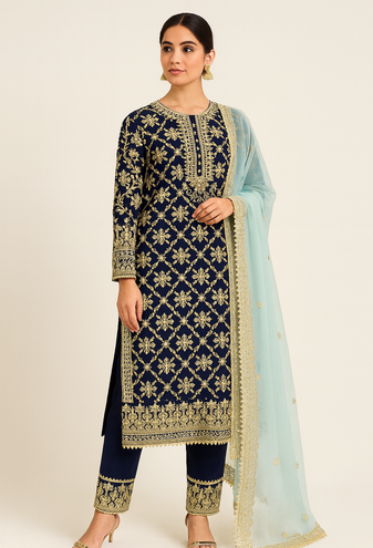 Heavy party wear embroidered straight suit