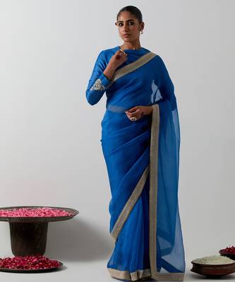 Blue plain chanderi saree 1