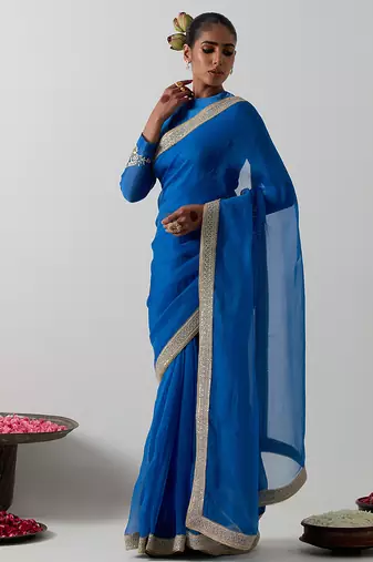 Blue plain chanderi saree