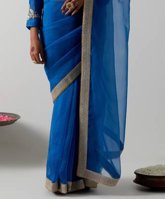 Blue plain chanderi saree 4