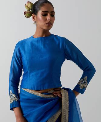 Blue plain chanderi saree 5
