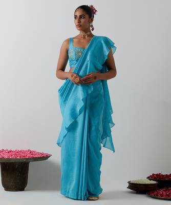 Blue plain chanderi saree 1
