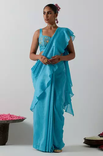 Blue plain chanderi saree