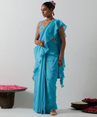 Blue plain chanderi saree 2