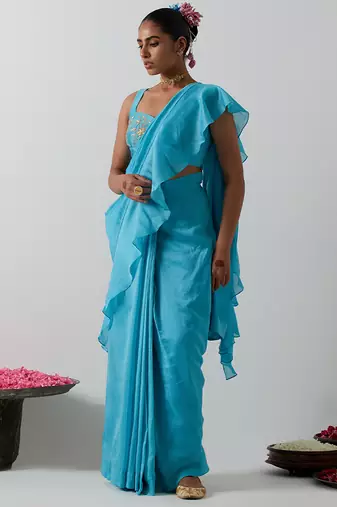 Blue plain chanderi saree