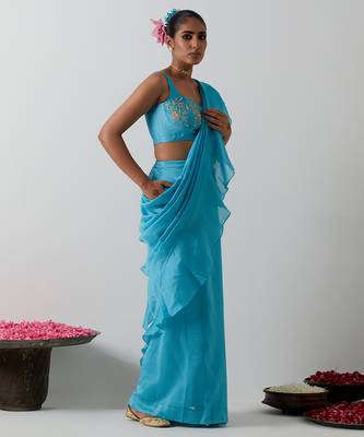 Blue plain chanderi saree 3