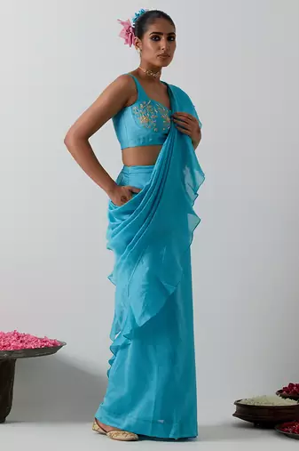 Blue plain chanderi saree