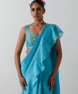 Blue plain chanderi saree 4