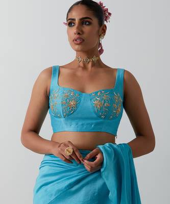 Blue plain chanderi saree 5