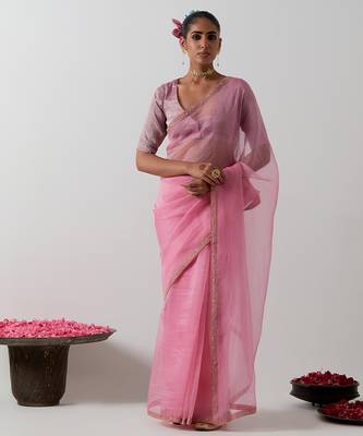 Pink plain chanderi saree 1