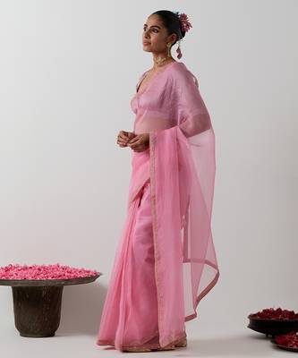 Pink plain chanderi saree 2