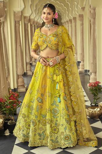 Lemon Art Silk with Embroidered Cut Work Readymade Bridal Lehenga Choli- Full Stitched Free size