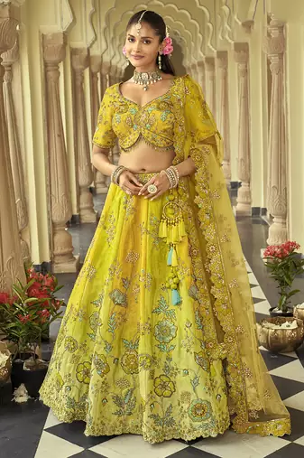Lemon Art Silk with Embroidered Cut Work Readymade Bridal Lehenga Choli- Full Stitched Free size