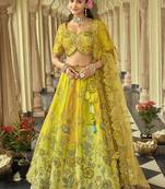 Lemon Art Silk with Embroidered Cut Work Readymade Bridal Lehenga Choli- Full Stitched Free size
