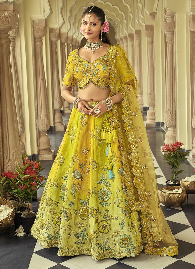 Lemon Art Silk with Embroidered Cut Work Readymade Bridal Lehenga Choli- Full Stitched Free size