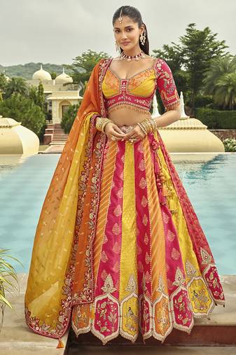 Multicolor Art Silk with Embroidered Cut Work Readymade Bridal Lehenga Choli - Full Stitched Free size