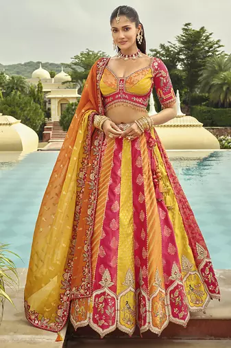 Multicolor Art Silk with Embroidered Cut Work Readymade Bridal Lehenga Choli - Full Stitched Free size