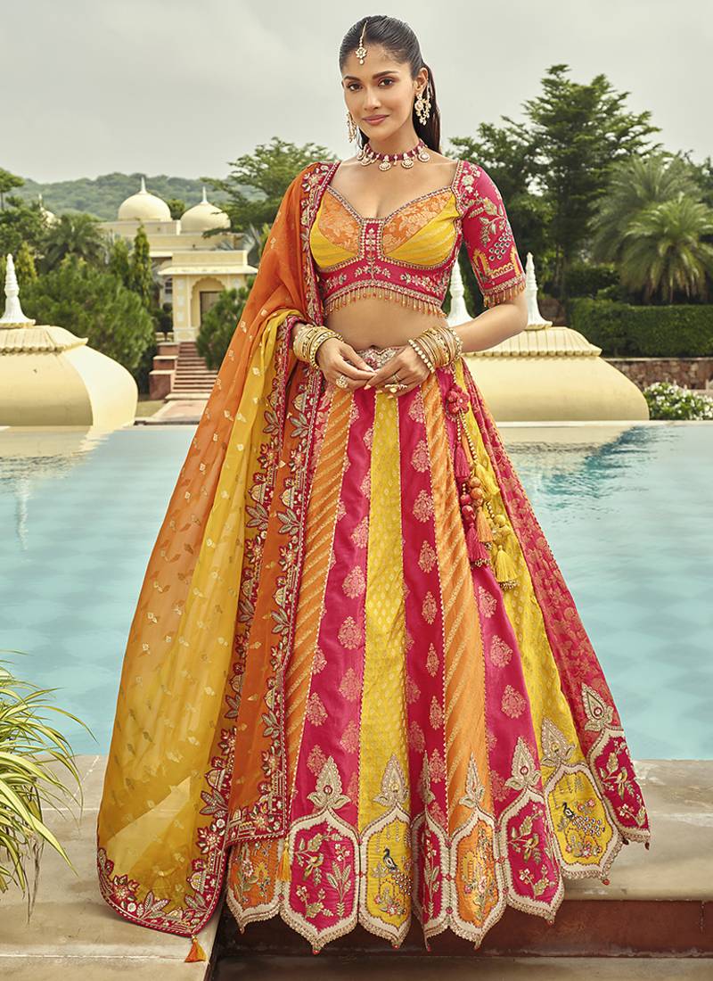 Multicolor Art Silk with Embroidered Cut Work Readymade Bridal Lehenga Choli - Full Stitched Free size