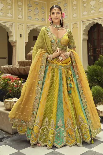 Multicolor Art Silk with Embroidered Cut Work Readymade Bridal Lehenga Choli- Full Stitched Free size