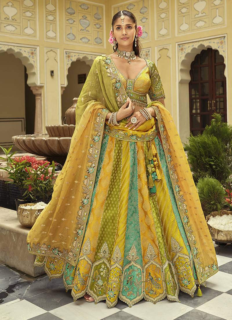 Multicolor Art Silk with Embroidered Cut Work Readymade Bridal Lehenga Choli- Full Stitched Free size
