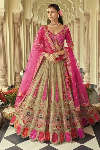 Beige Art Silk with Embroidered Cut Work Readymade Bridal Lehenga Choli- Full Stitched Free size
