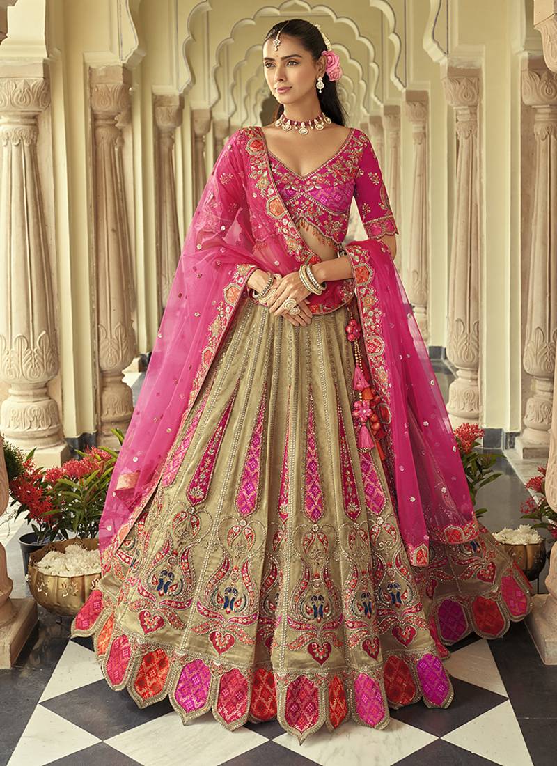 Beige Art Silk with Embroidered Cut Work Readymade Bridal Lehenga Choli- Full Stitched Free size