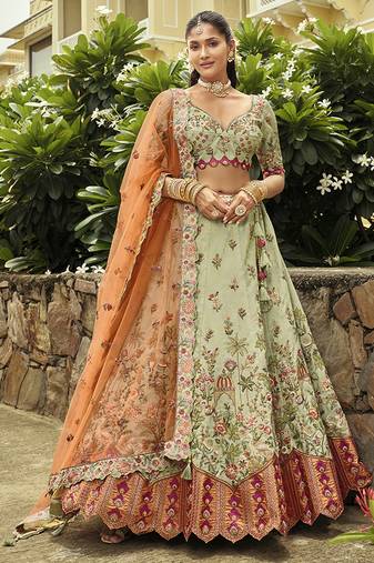 Pista Art Silk with Embroidered Cut Work Readymade Bridal Lehenga Choli- Full Stitched Free size