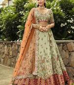 Pista Art Silk with Embroidered Cut Work Readymade Bridal Lehenga Choli- Full Stitched Free size