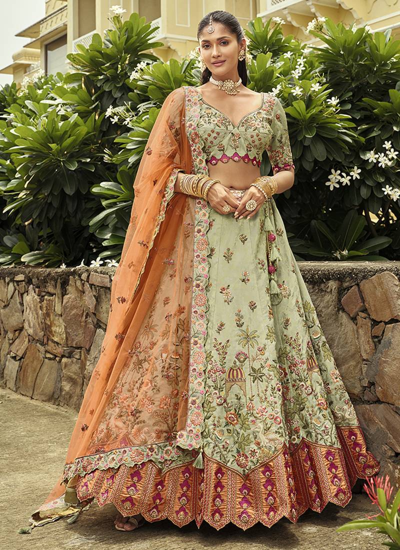 Pista Art Silk with Embroidered Cut Work Readymade Bridal Lehenga Choli- Full Stitched Free size