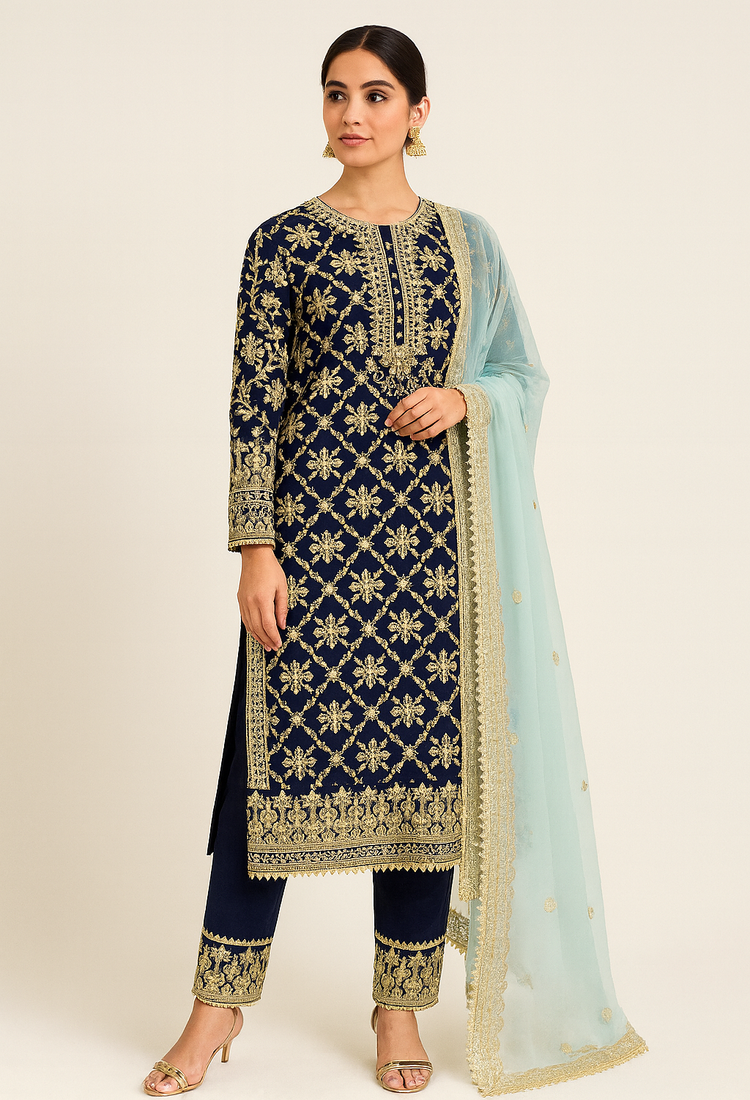 Heavy party wear embroidered straight suit