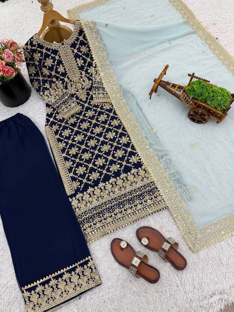 Heavy party wear embroidered straight suit