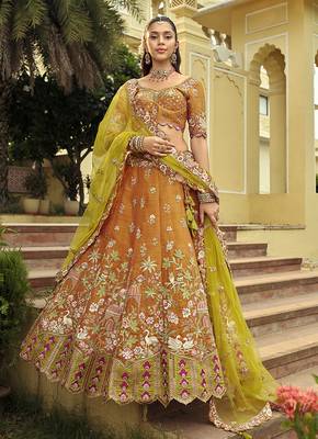 Orange Art silk blend Embroidered Work Bridal Lehenga Choli 1
