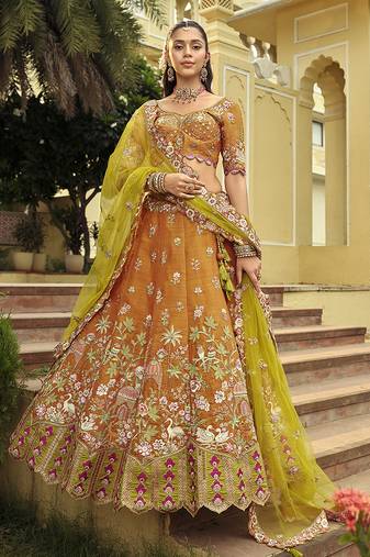 Orange Art Silk with Embroidered Cut Work Readymade Bridal Lehenga Choli- Full Stitched Free size