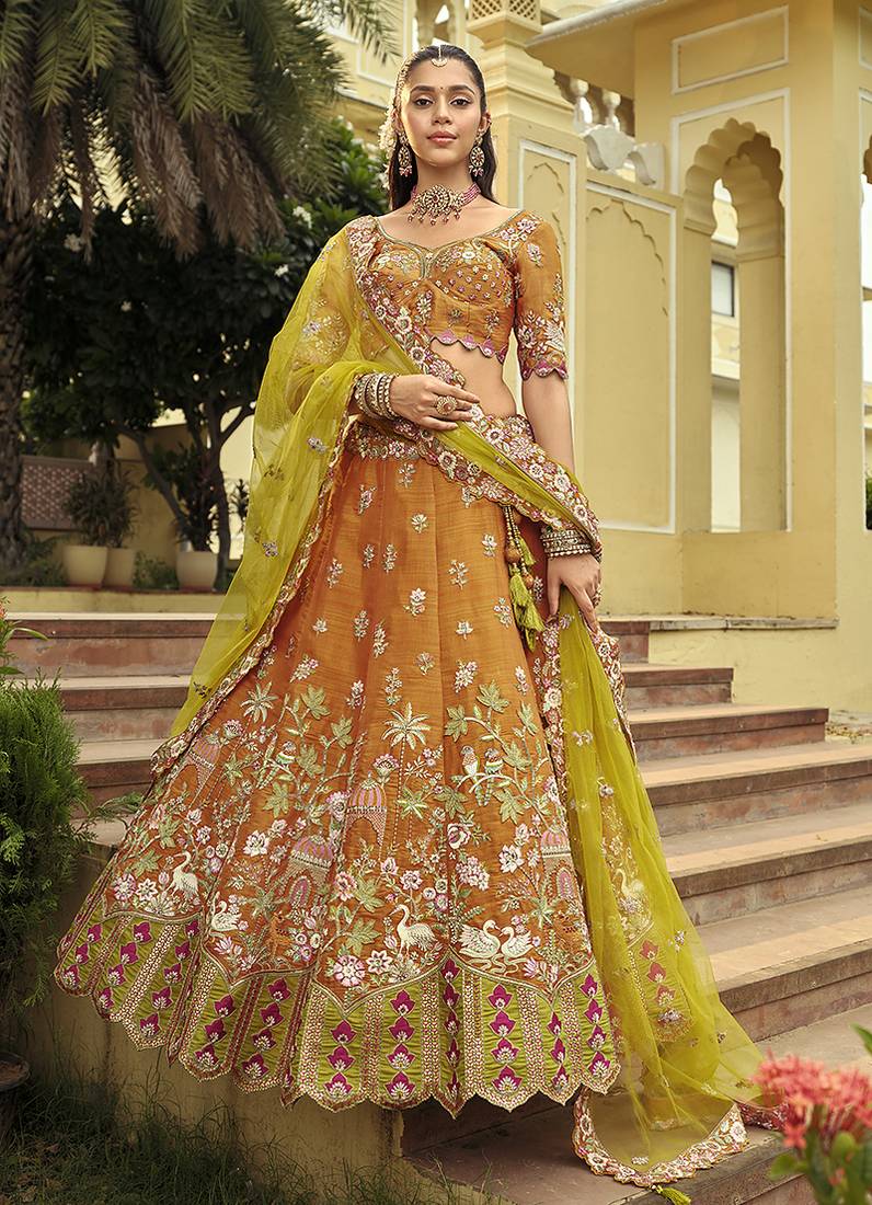 Orange Art Silk with Embroidered Cut Work Readymade Bridal Lehenga Choli- Full Stitched Free size