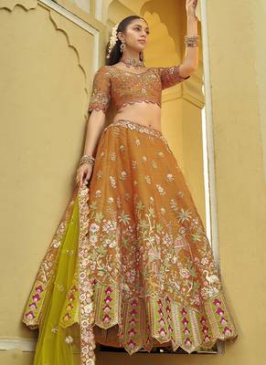 Orange Art silk blend Embroidered Work Bridal Lehenga Choli 2