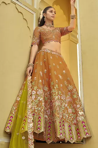 Orange Art silk blend Embroidered Work Bridal Lehenga Choli