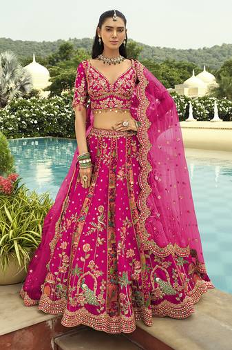 Rani Pink Art Silk with Embroidered Cut Work Readymade Bridal Lehenga Choli- Full Stitched Free size