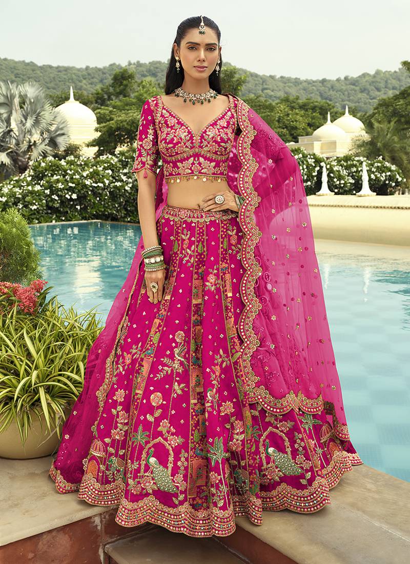 Rani Pink Art Silk with Embroidered Cut Work Readymade Bridal Lehenga Choli- Full Stitched Free size