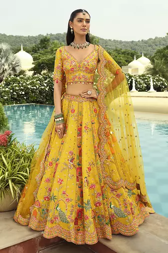 Yellow Art Silk with Embroidered Cut Work Readymade Bridal Lehenga Choli- Full Stitched Free size
