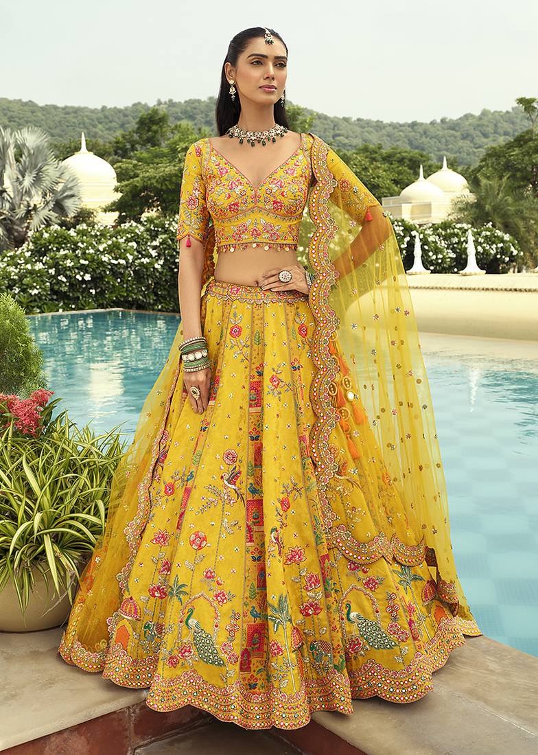 Yellow Art Silk with Embroidered Cut Work Readymade Bridal Lehenga Choli- Full Stitched Free size