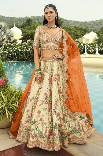Cream Art Silk with Embroidered Cut Work Readymade Bridal Lehenga Choli- Full Stitched Free size