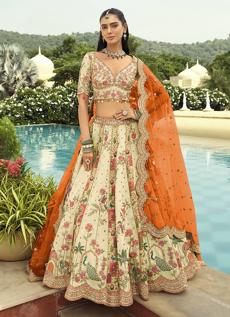 Cream Art Silk with Embroidered Cut Work Readymade Bridal Lehenga Choli- Full Stitched Free size