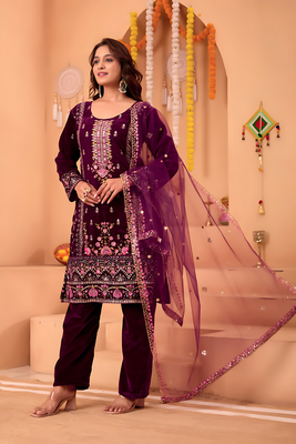 Purple velvet sequin embroidery work suit pant with dupatta 1