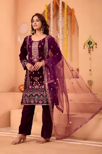 Purple velvet sequin embroidery work suit pant with dupatta