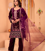 Purple velvet sequin embroidery work suit pant with dupatta